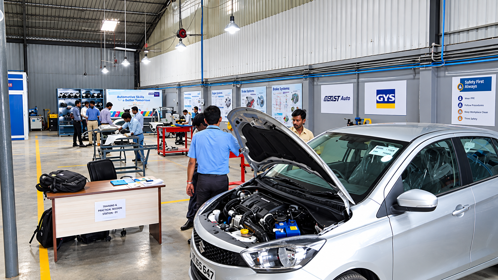 Automotive workshop with vehicle on lift